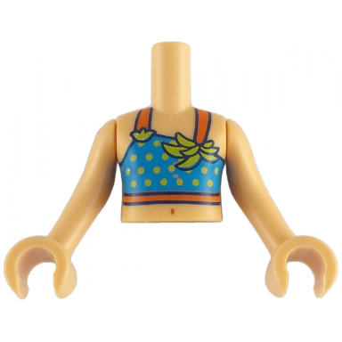 medium tan torso mini doll girl dark azure sleeveless top short with reddish orange straps yellow dots lime leaves pattern medium tan arms with hands