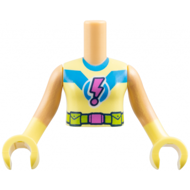 medium tan torso mini doll girl bright light yellow superhero costume dark azure collar and stripe dark pink lightning exclamation mark lime utility belt pattern medium tan arms with bright light yellow hands gloves