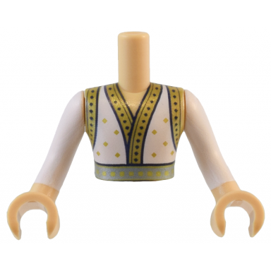 medium tan torso mini doll man robe with gold and black trim and sparkles and metallic light blue belt pattern medium tan arms and hands with white long sleeves