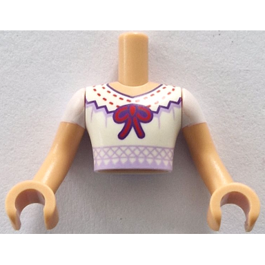 medium tan torso mini doll man white blouse with dark purple and lavender trim red stitching and ribbon pattern medium tan arms with hands with white short sleeves