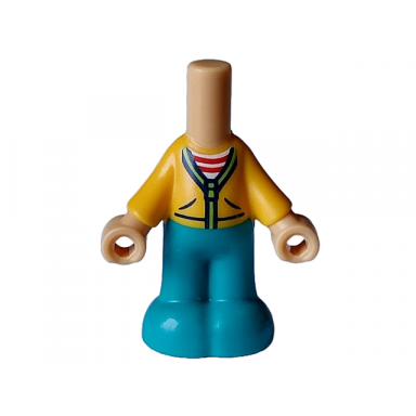 medium tan micro doll body with molded bright light orange top and dark turquoise pants and printed jacket with pockets and lime zipper over white shirt with red stripes pattern