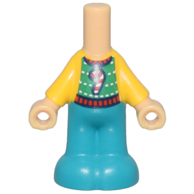 medium tan micro doll body with molded bright light orange top and dark turquoise pants and printed holiday sweater with red and white candy cane pattern