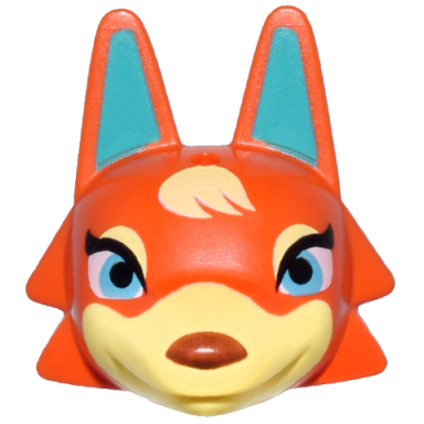 minifigure head modified wolf with pointed ears with molded bright light yellow face and printed dark turquoise auricles bright pink and medium azure eyes and reddish brown nose pattern