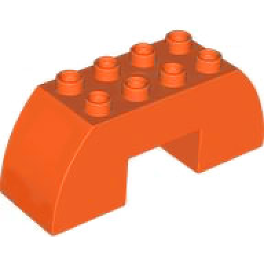 reddish orange duplo brick 2 x 6 x 2 slope curved double with 2 x 2 cutout on bottom