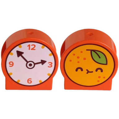 reddish orange duplo brick 1 x 2 x 2 round top cut away sides with white clock face dark brown hands bright light orange fruit face on back with lime leave pattern
