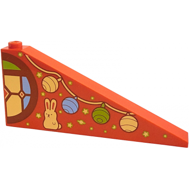 reddish orange slope 25 8 x 1 x 3 with medium nougat round window half with bright light yellow bright light blue and lime stained glass hanging lights bunny rabbit stars planet and moon pattern model left side