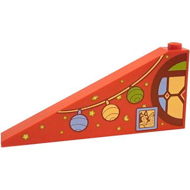 reddish orange slope 25 8 x 1 x 3 with medium nougat round window half with bright light yellow bright light blue and lime stained glass hanging lights bluey picture stars planet and moon pattern model right side