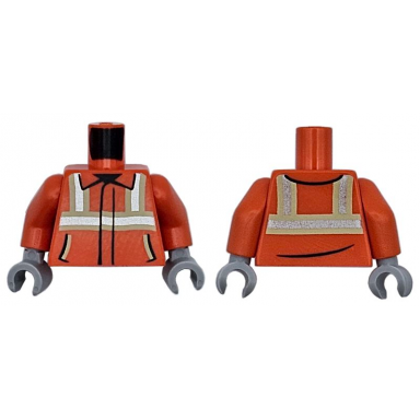 reddish orange torso safety jacket with bright light yellow and silver reflective stripes and black trim and pockets pattern reddish orange arms light bluish gray hands