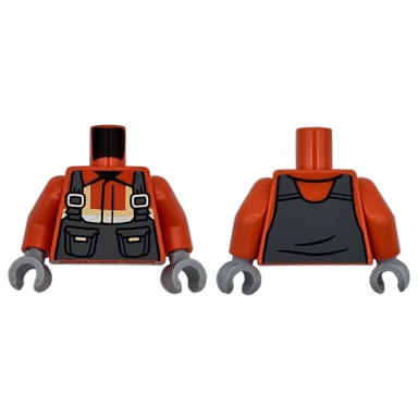 reddish orange torso safety jacket with bright light yellow and silver reflective stripes and dark bluish gray overalls with black pockets pattern reddish orange arms light bluish gray hands