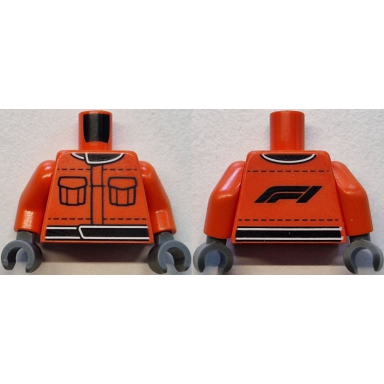 reddish orange torso racing suit with black pockets stitching collar and waistband formula 1 logo stylized f1 on back pattern reddish orange arms dark bluish gray hands