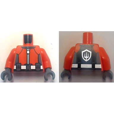 reddish orange torso wetsuit dark bluish gray panels silver zipper belt with buckle and pouches trident logo on back pattern reddish orange arms dark bluish gray hands