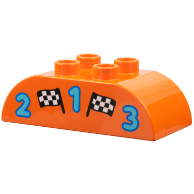 reddish orange duplo brick 2 x 4 slope curved double with 2 black and white checkered flags and medium azure numbers 1 2 and 3 pattern