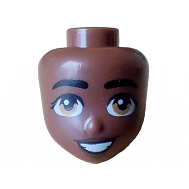 umber mini doll head friends with black eyebrows eyelashes and mouth medium nougat eyes dark brown lips and smile with white teeth pattern