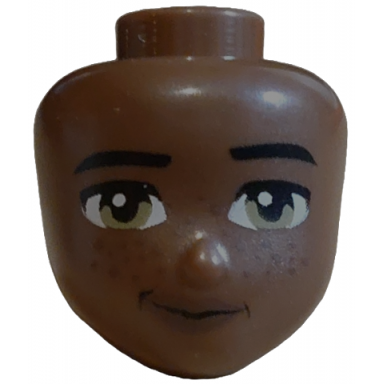 umber mini doll head friends with black eyebrows left raised olive green eyes medium brown lips and freckles lopsided grin pattern