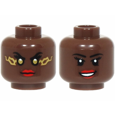 umber minifigure head dual sided female black eyebrows double eyelashes red lips stern with gold eyes and energy open mouth smile with teeth lower eyelids pattern