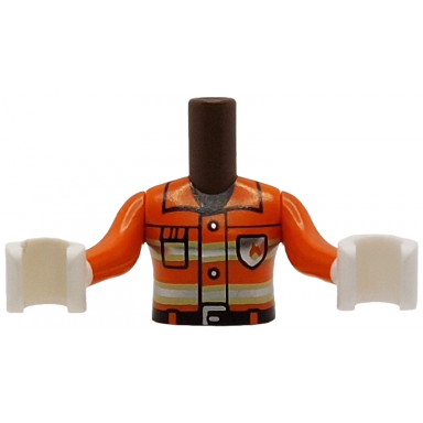 umber torso mini doll girl reddish orange fire suit jacket with silver and yellowish green reflective stripes buckle buttons and fire logo badge black belt collar and pocket pattern reddish orange arms sleeves with white hands gloves