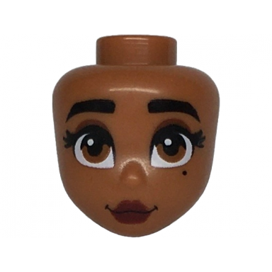 sienna mini doll head friends with black thick eyebrows and eyelashes dark orange eyes reddish brown eye shadow beauty mark dark red lips grin pattern