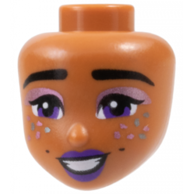 sienna mini doll head friends with black thick eyebrows single eyelashes dark purple eyes and lips metallic pink eye shadow metallic light blue sparkles dimples open mouth smile with teeth pattern