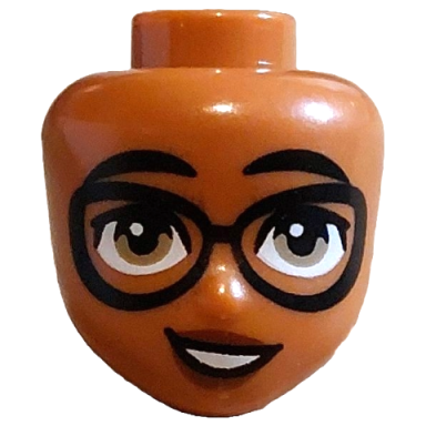 sienna mini doll head friends with black eyebrows eyelashes and glasses dark tan eyes reddish brown lips lopsided open mouth smile with teeth pattern
