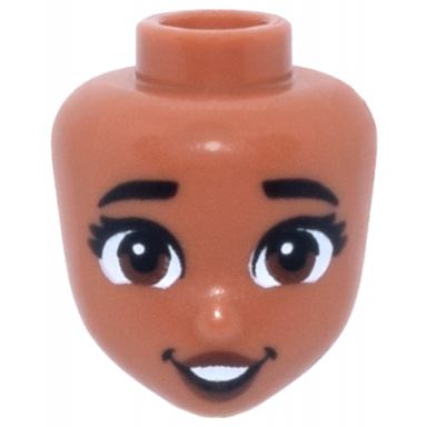 sienna mini doll head friends with black thick eyebrows eyelashes reddish brown eyes and lips open mouth smile with dimples and teeth pattern