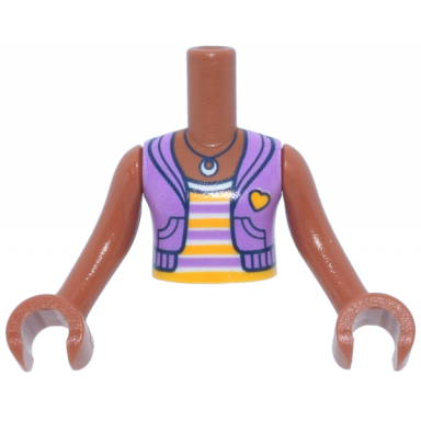 sienna torso mini doll girl medium lavender sleeveless hoodie with pockets and heart over bright light orange and white striped top and black necklace pattern sienna arms with hands