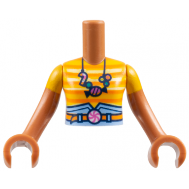 sienna torso mini doll girl bright light orange striped t-shirt bright light blue skirt top and orange belt with candy buckle and necklace pattern sienna arms with hands with bright light orange short sleeves