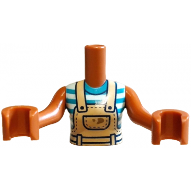 sienna torso mini doll woman tan overalls with black belt pocket and stitches dark tan mud stains over dark turquoise and white striped top pattern sienna arms with hands