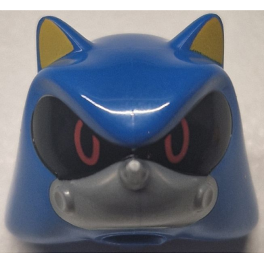 minifigure head modified hedgehog metal sonic with molded flat silver face and printed yellow inner ears and red eyes on black background pattern