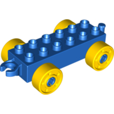 blue duplo car base 2 x 6 with open hitch end and yellow wheels with fake bolts