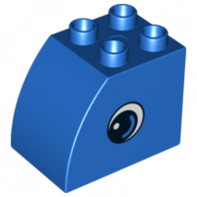 duplo brick 2 x 3 x 2 slope curved with circled black eye with arc and white pupil pattern on both sides