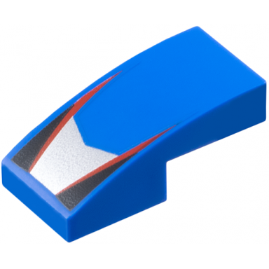 blue slope curved 2 x 1 x 2 3 with silver v-shaped center panel red stripes black triangles pattern