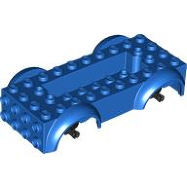 blue vehicle base 5 x 10 x 2 1 2 with mudguards and 6 x 2 recessed center with 3 holes with black wheels holders attached
