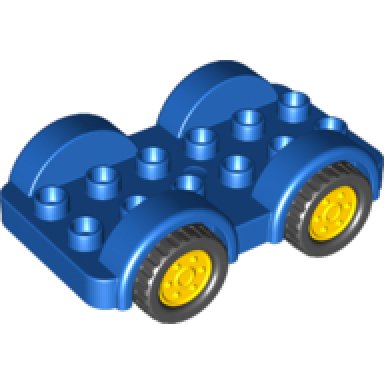 blue duplo car base 2 x 6 with black tires and yellow wheels on fixed axles