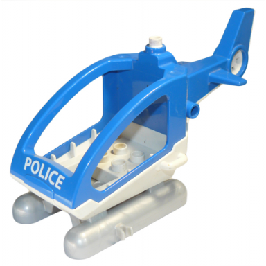 blue duplo helicopter body medium with cabin skids not removable with white base and police pattern small propeller pin