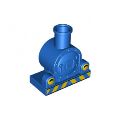 blue duplo train steam engine front with yellow lights and danger stripes pattern