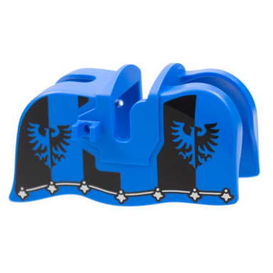 blue horse barding smooth edge with black falcon emblem on half black panels and silver border pattern