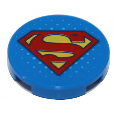 blue tile round 2 x 2 with bottom stud holder with red and yellow superman s logo pattern