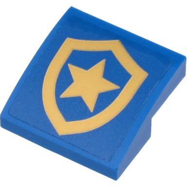 blue slope curved 2 x 2 x 2 3 with gold police star badge logo pattern sticker - sets 60271 60315