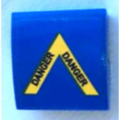 blue slope curved 2 x 2 x 2 3 with yellow arrow with black danger on blue background pattern sticker - set 60208