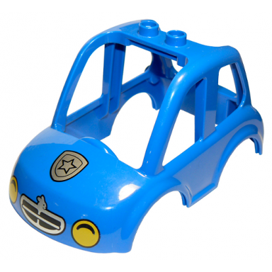 blue duplo car body high cab 2 top studs with yellow headlights and police badge pattern