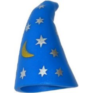 blue minifigure headgear hat cone drooping wizard with silver stars and gold crescent moon pattern
