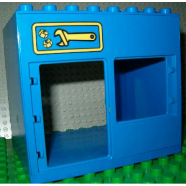 blue duplo building 6 x 8 x 6 with front door and window and rear double door openings with wrench and nuts pattern