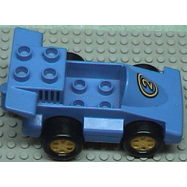 blue duplo car formula one with blue base with yellow number 2 pattern