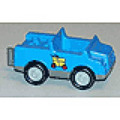 blue duplo car with 2 x 2 studs and dark gray base with yellow package on wheels pattern