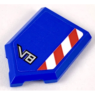 blue tile modified 2 x 3 pentagonal with red and white caution stripe and silver v8 pattern sticker - set 60223