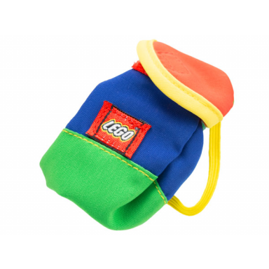 blue duplo doll cloth backpack with bright green bottom red top yellow straps and lego logo