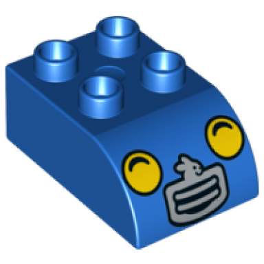 blue duplo brick 2 x 3 slope curved with yellow headlights and silver bunny grille pattern
