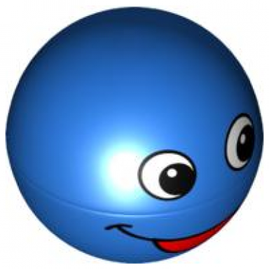 blue duplo ball for ball tube with red open mouth smile and black and white eyes pattern