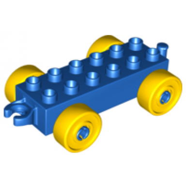blue duplo car base 2 x 6 with open hitch end and yellow wheels