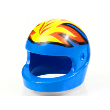 blue minifigure headgear helmet motorcycle standard with yellow and red flames pattern